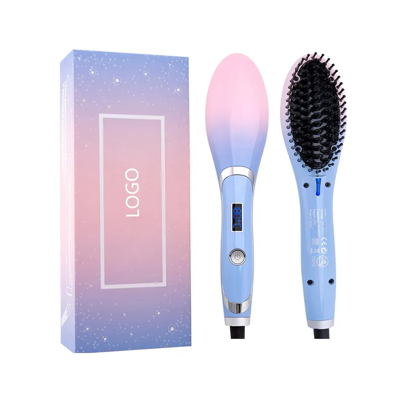 Alisador de cabelo elétrico personalizado, escova de alisar cabelo com gradiente de cor, de lcd, rosa