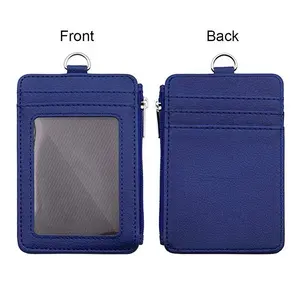 New Product PU Blue Zipper Card Holder With Lanyard