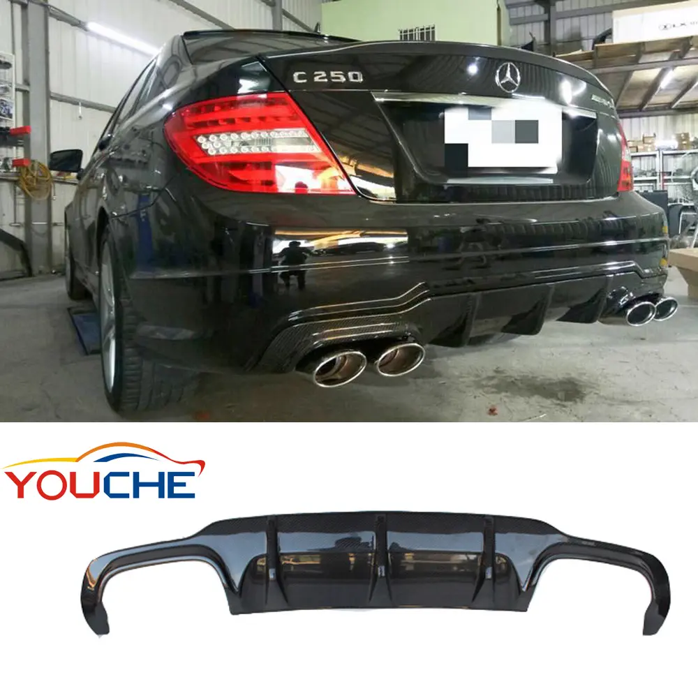 Gloss black W204 C63 style carbon fiber rear bumper lip diffuser for 2012-2014 Mercedes Benz C class W204