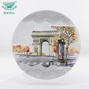 圆形手绘压花贴花贴花陶瓷纪念板巴黎