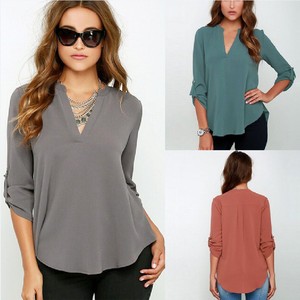 Blusa <span class=keywords><strong>de</strong></span> chifón <span class=keywords><strong>de</strong></span> manga larga <span class=keywords><strong>de</strong></span> talla grande para mujer, Blusa con escote en V en 7 colores <span class=keywords><strong>de</strong></span> fábrica China - Product Image 3