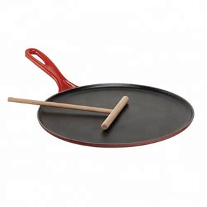 Poêle à frire en fonte émaillée de haute qualité, poêle Tawa, poêle à crêpes ronde Comal/Griddle avec spatule et racloir en bois - Product Image 4