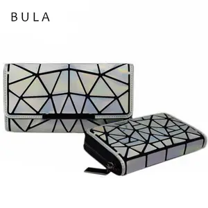 summer Brand Design Women Long Purse Geometry Holographic Luminous Clutch Female Phone Bag Three Fold Card Holder wallet