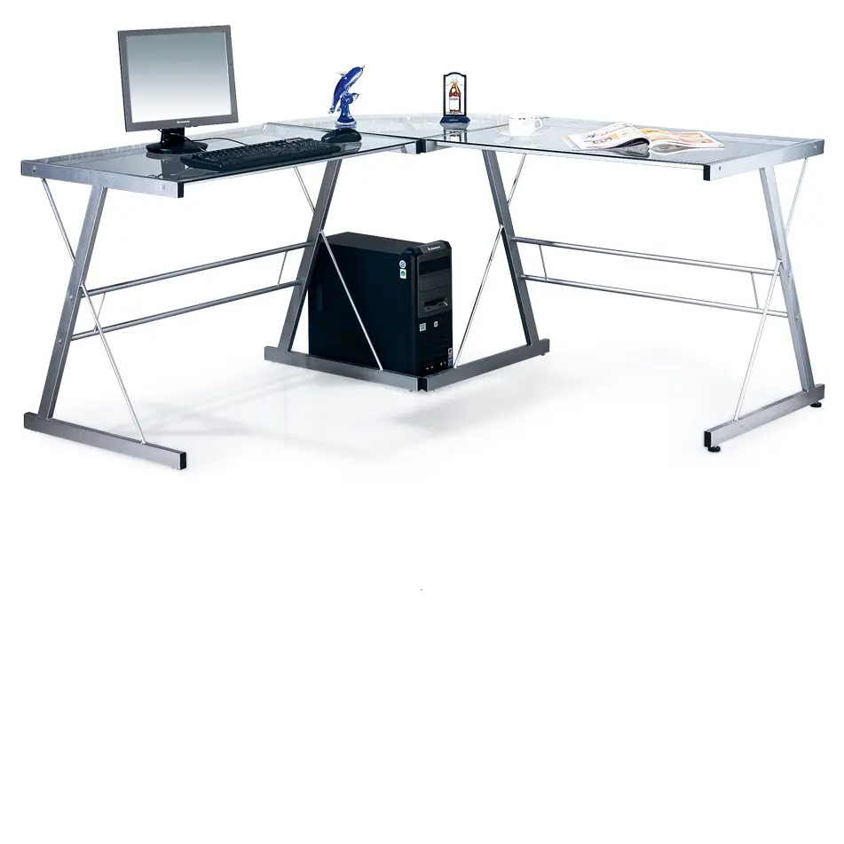 L shape Tempered glass desktop metal legs modern office executive desk table for computer laptop