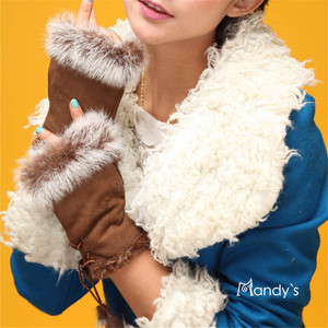 Fourrure de lapin chaude doigt ouvert fantaisie sans doigts hiver femmes mitaines en <span class=keywords><strong>cuir</strong></span> de mouton - Product Image 1