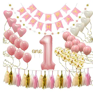 Erste Geburtstag Dekorationen für Mädchen 1st Baby Mädchen Anzahl 1 Ballon Glücklich Geburtstag Banner Ein Kuchen Topper Rosa Marmor Luftballons