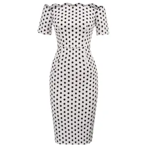BP000742-2 Abito <span class=keywords><strong>Aderente</strong></span> Vintage a Tubino Bianco con Maniche Corte, Spalle Scoperte e Vita Avvolta in Cotone - Product Image 1