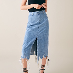 <span class=keywords><strong>Midi</strong></span> <span class=keywords><strong>denim</strong></span> <span class=keywords><strong>gonna</strong></span> con spacco vendita calda distressed luce blu jeans delle donne gonne - Product Image 1
