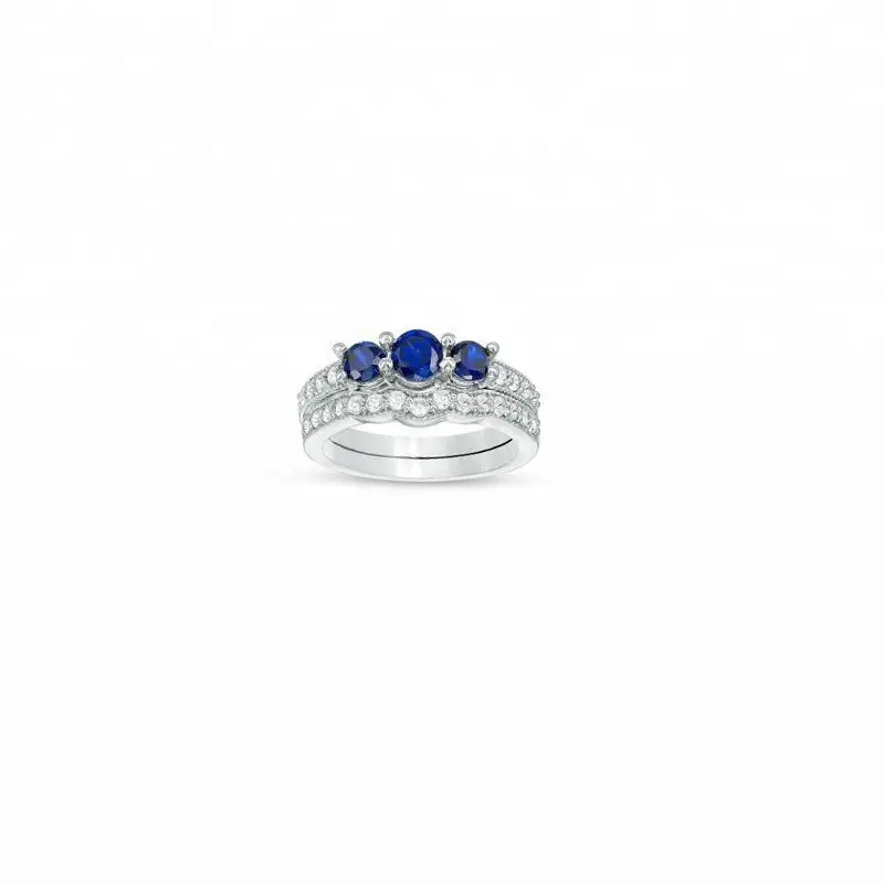 Luxury Bridal Jewelry 14k White Gold Blue Sapphire Engagement Ring Set for Girls