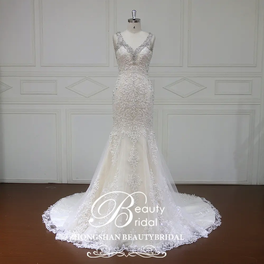 V neck and illusion back design of fit and flare lace embroidery mermaid wedding dress bridal gown with luxury crystal beading