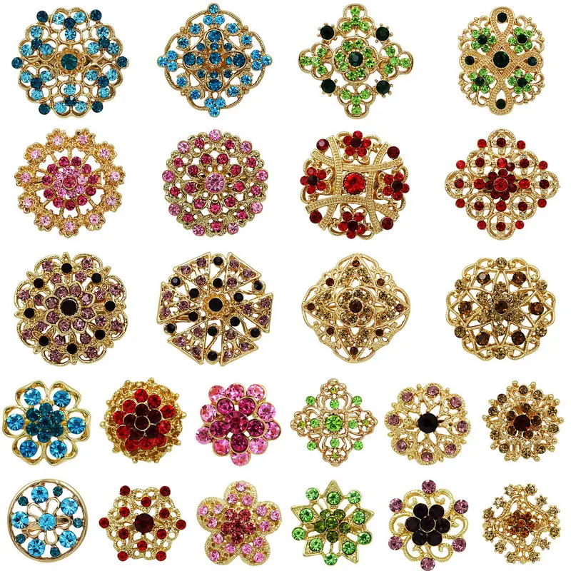 WeimanJewelry 24 PCS Mixed Color Crystal Rhinestones Brooch Pins Set Crafts for DIY Wedding Bouquets or Invitations