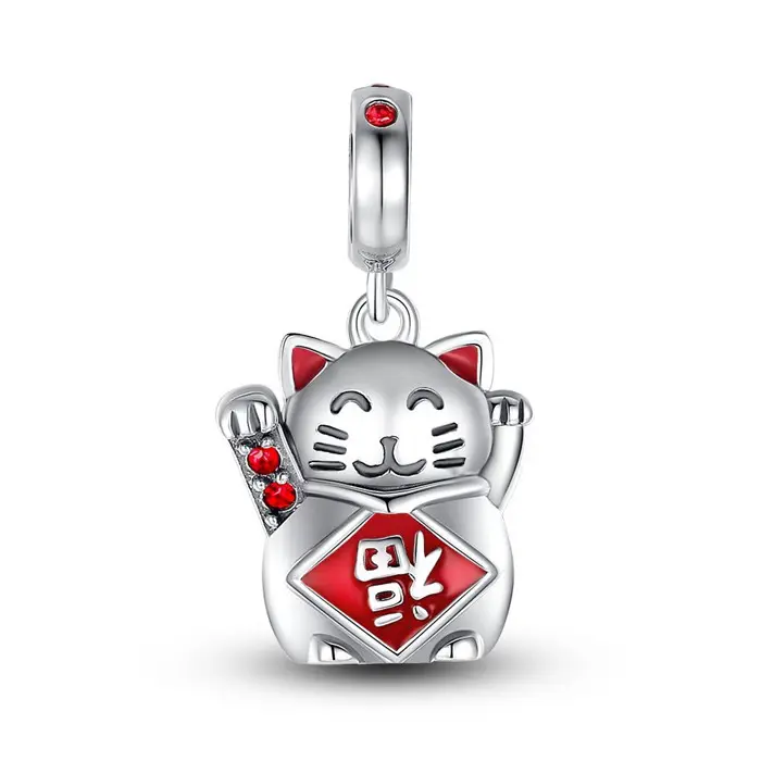 High Quality Jewelry Lucky Cat Dangle 925 Sterling Silver Enamel Charm for Bracelets