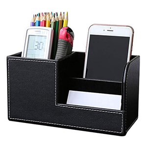 PU Leather Desk Organizer Pen Pencil Holder Business Name Cards Remote Control Holder