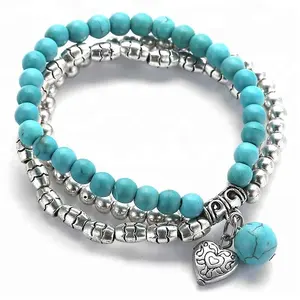 Fashion 6mm Turquoise Beads Bracelet Alloy Pipe Heart Charm Metal Women Bracelet Western Jewelry