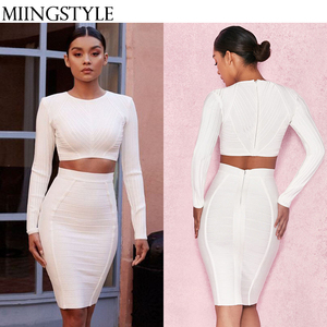 2018 <span class=keywords><strong>moda</strong></span> elegante blanco manga larga de dos piezas delgado vestido del vendaje de partido atractivo para las mujeres - Product Image 1