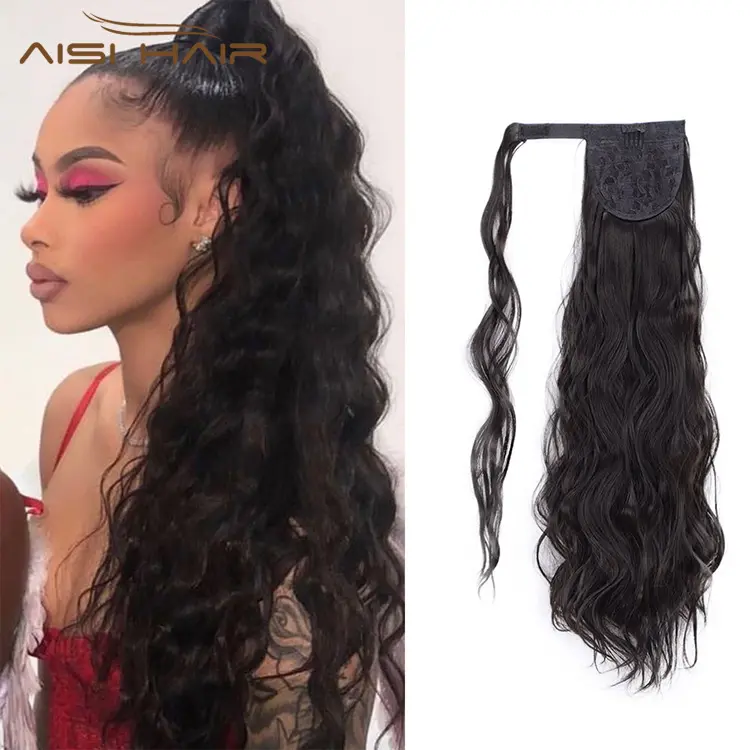 Aisi Hair Long Wavy Clip In Pony Tail Hair Extensions Wrap Around on High Temperature Fiber Synthetic Hair Pieces