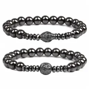 ML-22 Fashion Stone Jewelry Handmade Copper Buddha Lion Head Lodestone Beads 8mm Magnetic Hematite Bead Bracelet Men