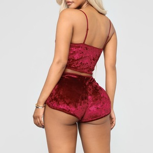 Kadın kadife eşofman seksi V boyun spagetti sapanlar kırpma üst + şort moda gece kulübü takım elbise iki parçalı Set kıyafetler 15% kapalı - Product Image 3