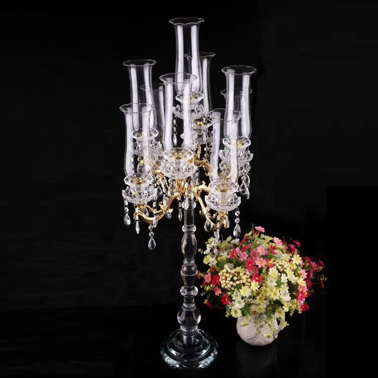 Wholesale tall 9 arms crystal candelabra with gold arms and hanging crystals for wedding centerpiece