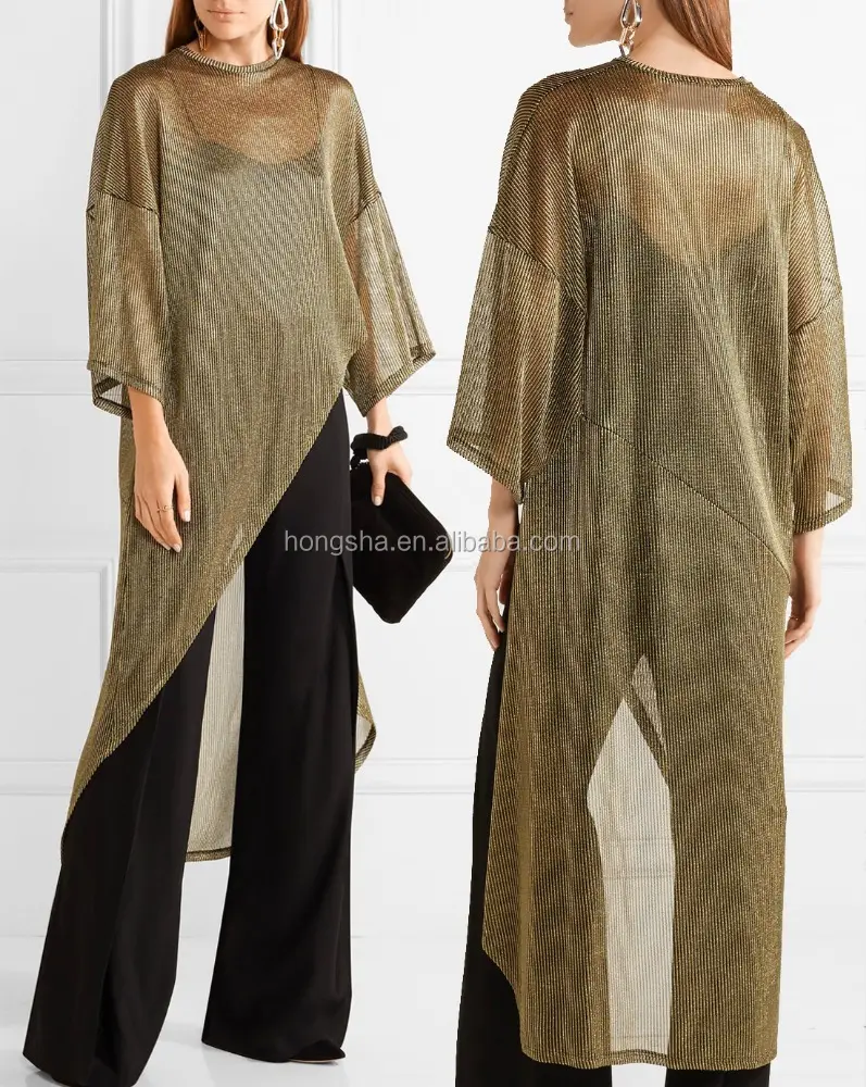 Shimmering Gold And Black Metallic Ribbed-Knit Sheer Tunic For Women Ladies Tops Latest Design HSD5708