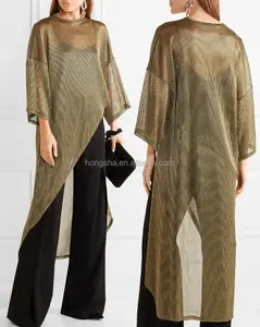 Glinsterende Goud En Zwart Metallic Geribbelde-Knit Sheer Tuniek Voor Vrouwen Dames Tops Nieuwste Ontwerp HSD5708