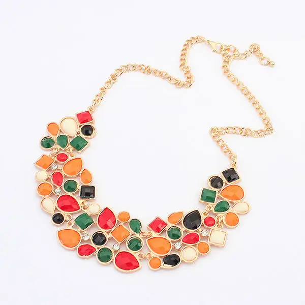 22K gold plated chunky fashion costume jewelry multi gemstone spring style resin statement bib necklace PN1647