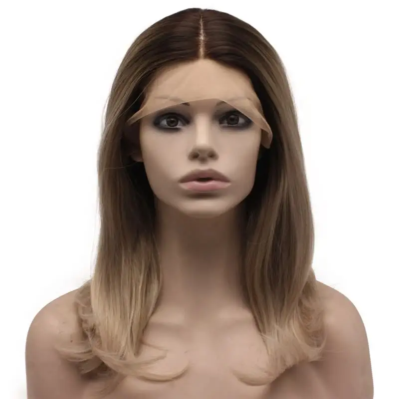 Shoulder Length Dark Root Ash Blonde Lace Front Wig Synthetic
