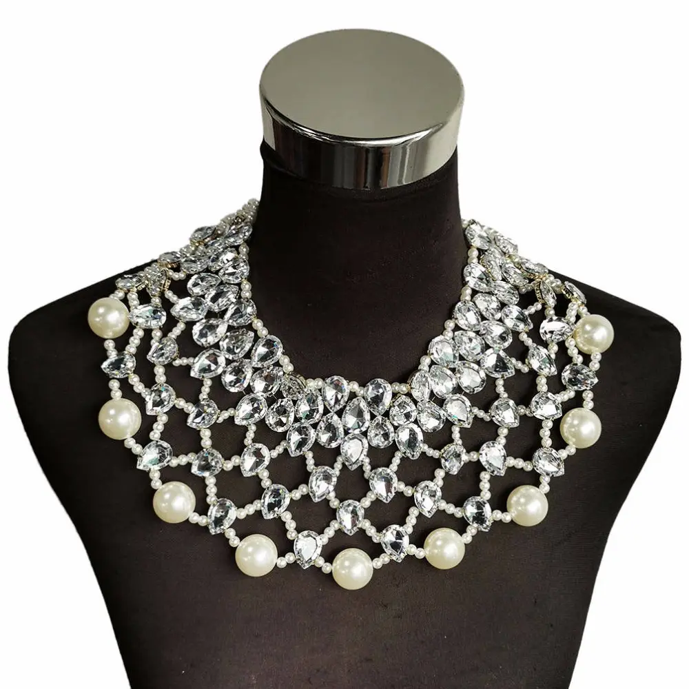 Elegant Chunky Crystal Necklace Luxury Pearl Beads Statement Bib Choker Designs Bridal Collar Necklace Wedding Jewelry Wholesale