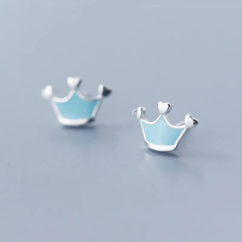 Echt 925 Sterling Zilver Epoxy Hart Blue Crown Vrouwen Stud Oorbellen Voor Beste Vrienden Geschenken Sieraden
