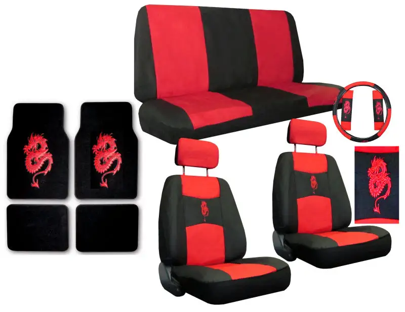 Housses de siège en cuir synthétique, couvre-siège de voiture et tapis de sol pour SUV, Dragon rouge, noir