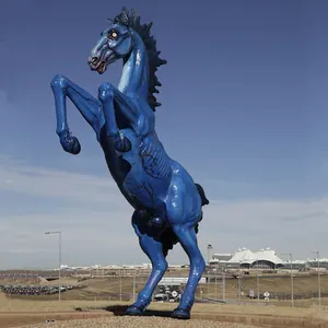 The art of life size blue bronze horse statue two feet standing on the ground