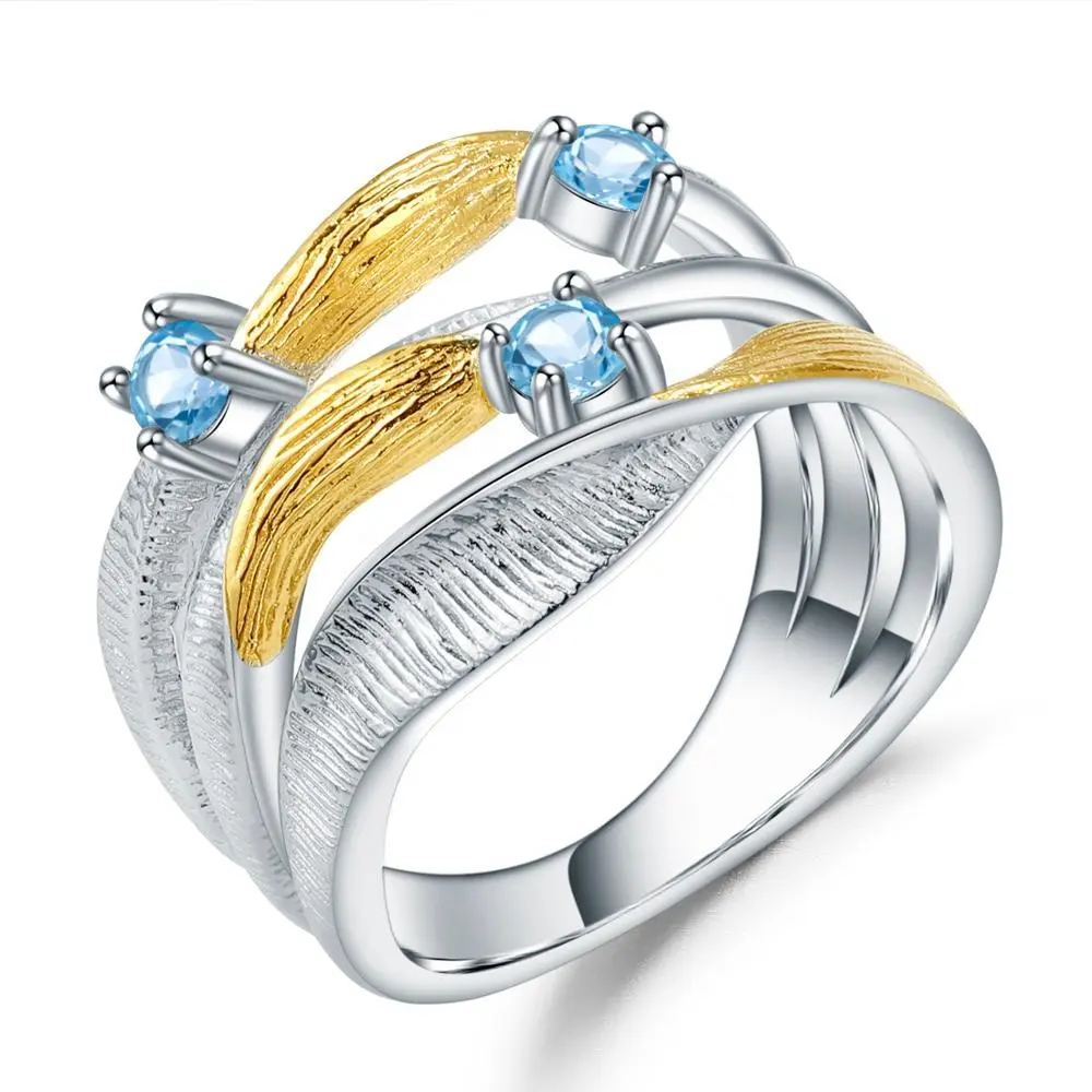 Abiding gold plated ring natural swiss blue topaz gemstone fashion jewellery sterling silver finger ring women