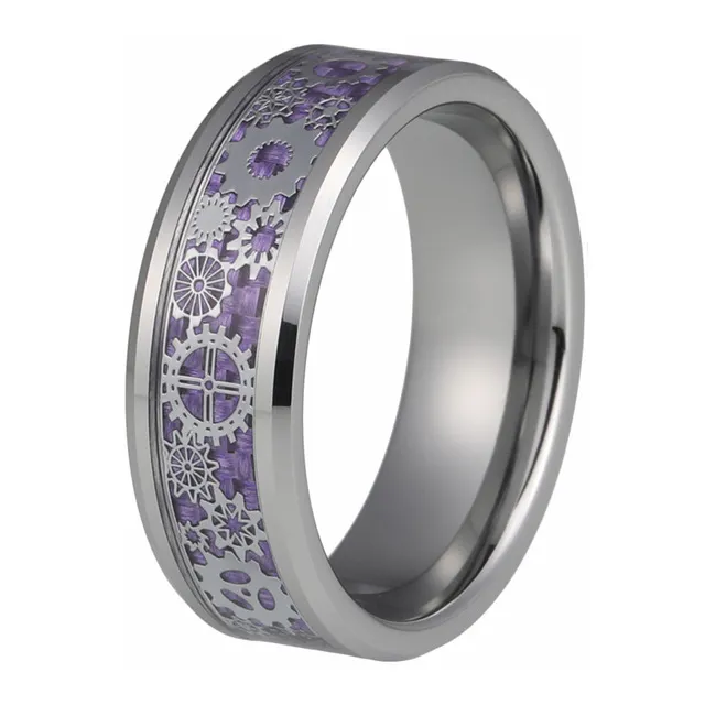 ring for Men Women 8MM Mechanical Gear Wheel Purple Carbon Fiber Inlay Beveled Edges Comfort Fit ring