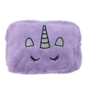 Embroidery Unicorn Fuzzy Travel Makeup Pouch Portable Zipper Toiletry kits Cosmetic Bag