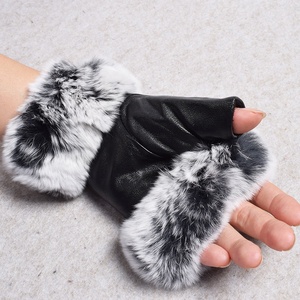 Mitaines en <span class=keywords><strong>cuir</strong></span> véritable de lapin, protection sans doigts, couleur noire, vraie fourrure de renard, mode hiver, offre spéciale - Product Image 2