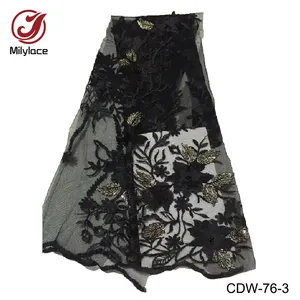 bordado de tela de encaje negro Suppliers-Tela de tul bordada negra, diseño de flores, tela de encaje francés para hacer vestido