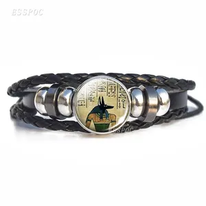 Heer van De Onderwereld Anubis Glas Cabochon Armband Egyptische Ankh Kruis Sieraden Zwart Gevlochten Lederen Armbanden Mannen Vrouwen Gift