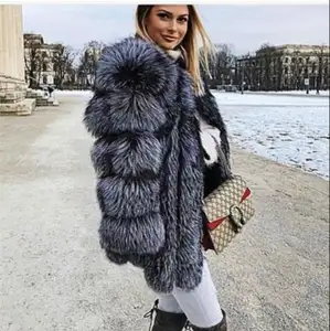 Top sale vintage design natural red silver fox fur coats with detachable sleeve stripes warm fur parka overcoats