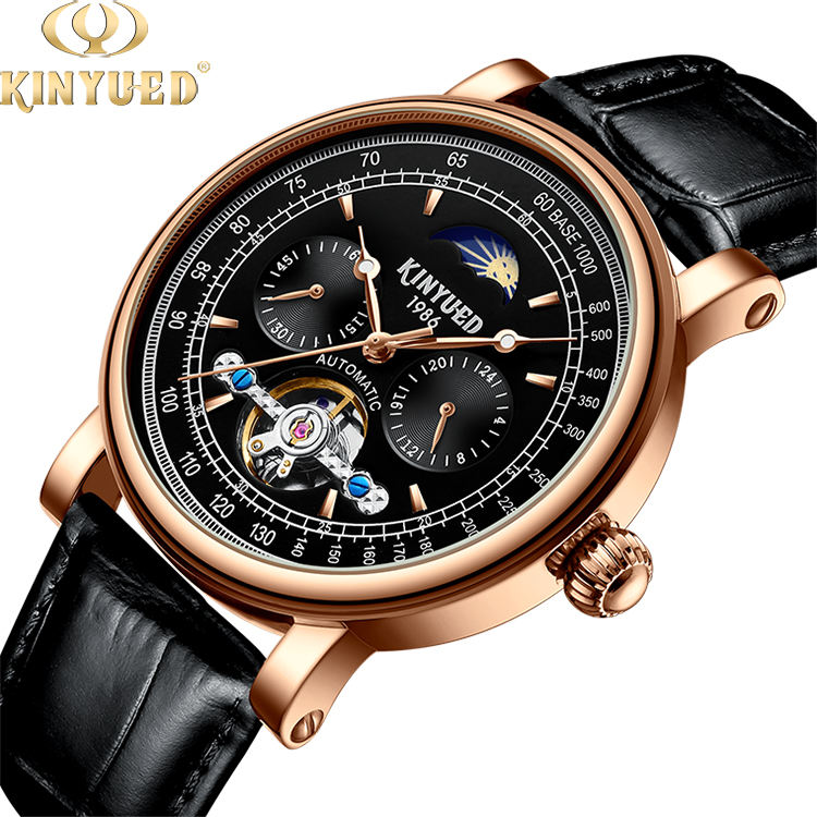 Boîtier en or rose boîtier noir avec bracelet en cuir noir