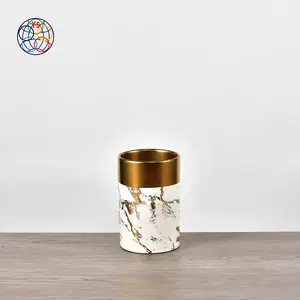 Unique Home Goods Ornament Modern Marble Ceramic Candle Jar / Wholesale Gold Decor Candle Container With Lid