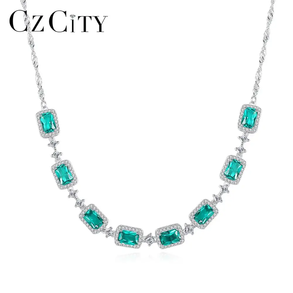 Czcity Luxe Vintage S925 Sterling Zilveren Sieraden Ketting Vrouwen Groene Edelsteen Cz Bedels Kettingen