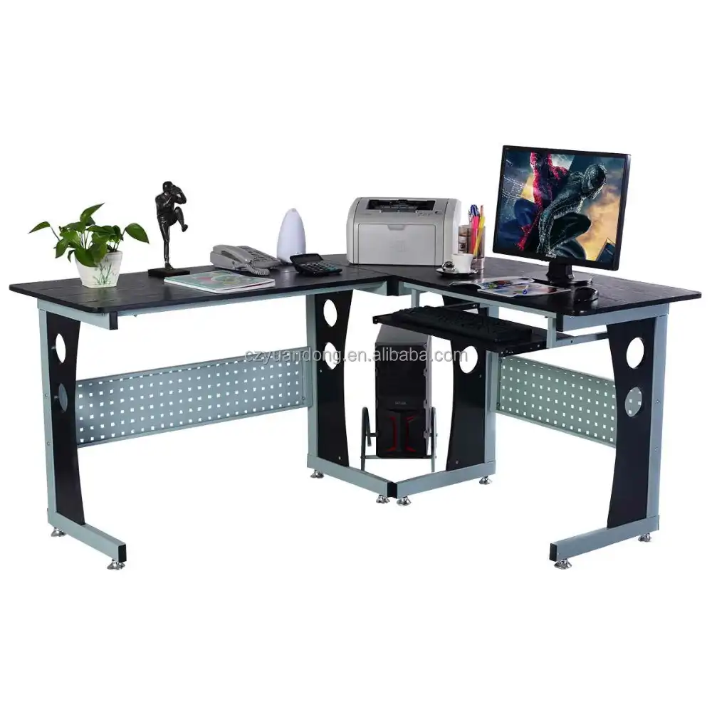 أثاث تجاري للاستخدام المكتبي طاولة حاسوب من الخشب والزجاج بزاوية