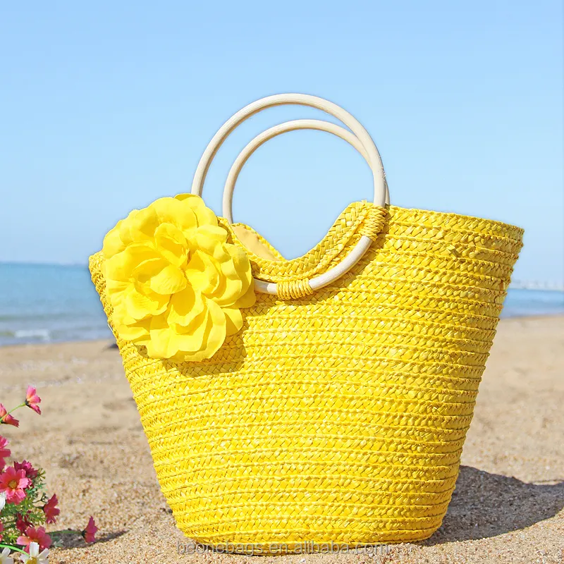 Alta calidad grandes damas floral marroquí bolsa de paja natural bolsa de playa