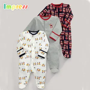 Grosir Logo Kustom 3Pcs Baju Monyet Bayi 100% Katun Kartun Dicetak Romper Bayi Berkaki Tidur Bayi