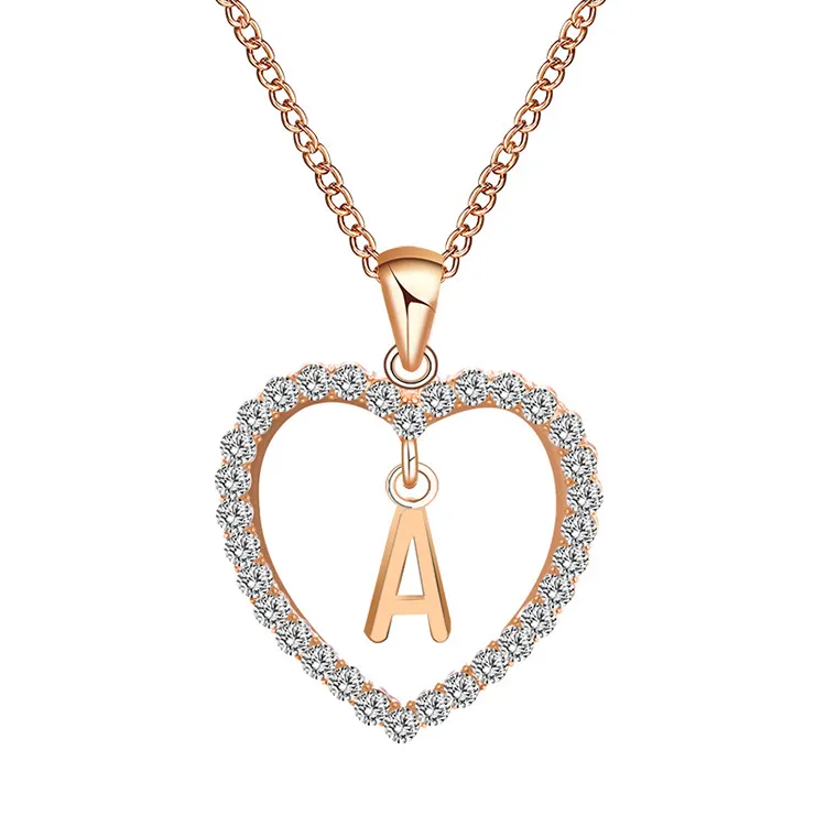 Romantic Gold Cubic Zircon Love Heart Crystal Pendant Necklace 26 Letter Name Necklace For DIY Women Jewelry (KNK5008)