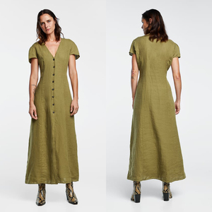A-line Long <strong>Linen</strong> Ladies Women Casual Button Down <strong>Maxi</strong> <strong>Dress</strong> - Product Image 1