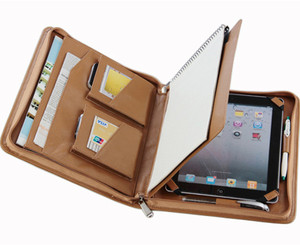 Leer Professionele Handgemaakte Portfolio Dubbele Ritssluiting Padfolio Met Schrijven Papier Pad Voor Ipad