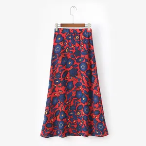 Good quality nice multi color flower printed fashion chiffon women summer long skirts