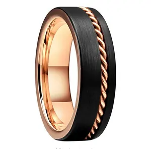 Vòng Rose Gold 7Mm Đen Tungsten Carbide Wedding Ring Nhạc Brushed Bề Mặt Cho Unisex