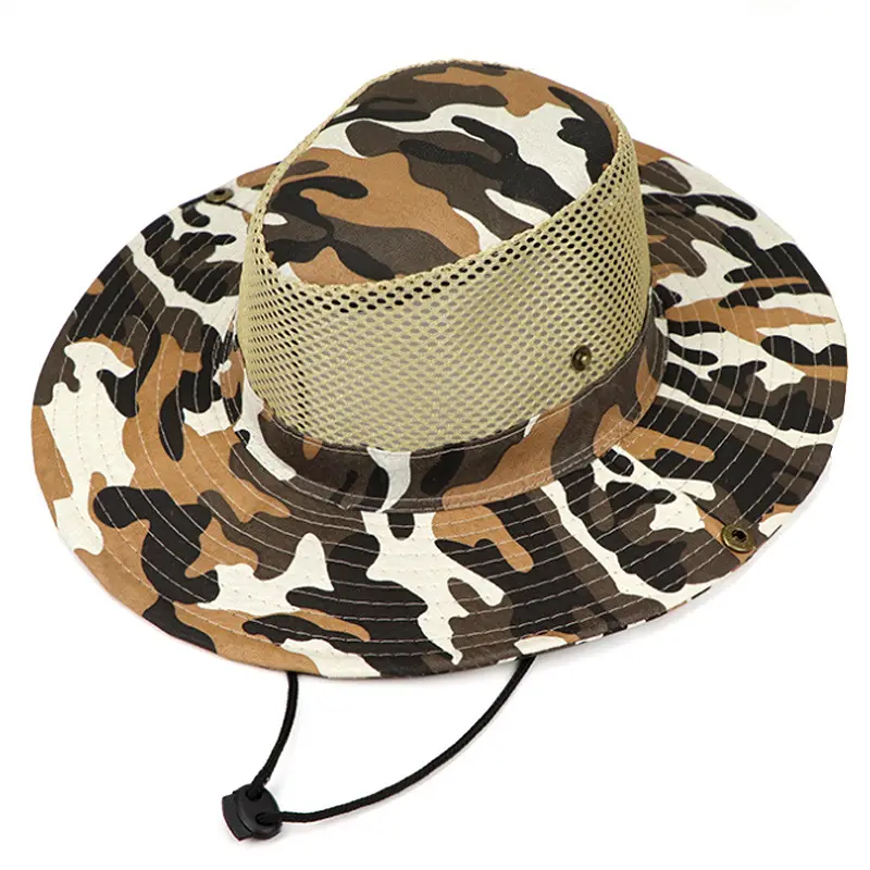 Casquette de pêche avec Logo personnalisé, chapeau Boonie de Camping, maille métallique personnalisée, chapeau de seau Safari, chapeau de seau camouflage avec ficelle